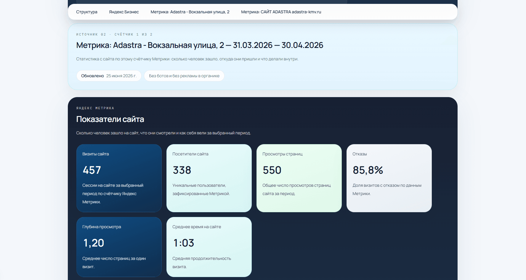 Показатели сайта в аналитической платформе AVASIS